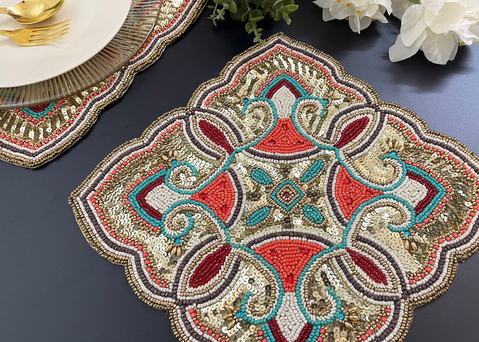 Luxury Handmade Bead Placemat, Living Room Table Decoration, Bead and ...