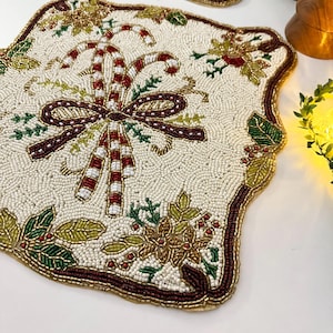 Set of 6, Christmas Candy Cane, beaded placemat, 14 inch