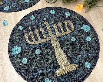 Handmade Hanukkah placemat, beaded round table placemat, blue and gold, 14 inch