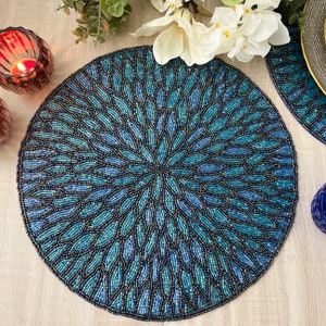 Handmade placemat, beaded round table placemat, blue, 14 inch