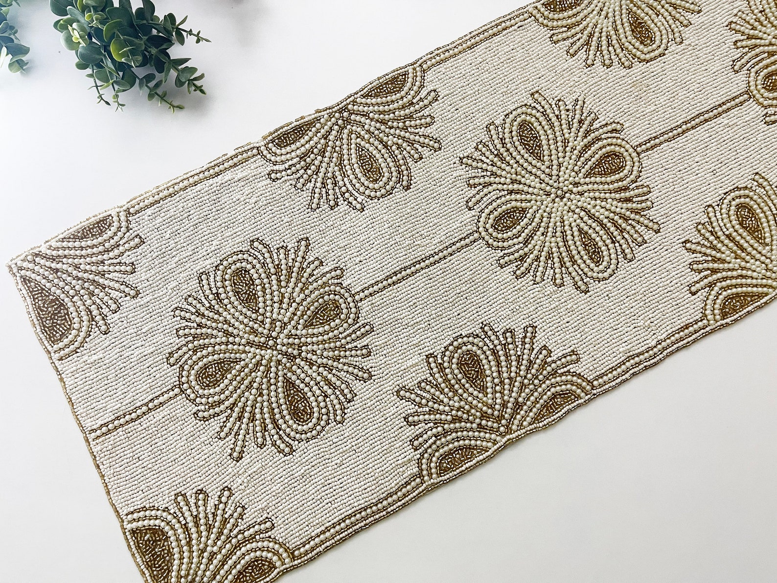 Handmade Beaded Table Runner: Cream & Gold Floral Design - Etsy