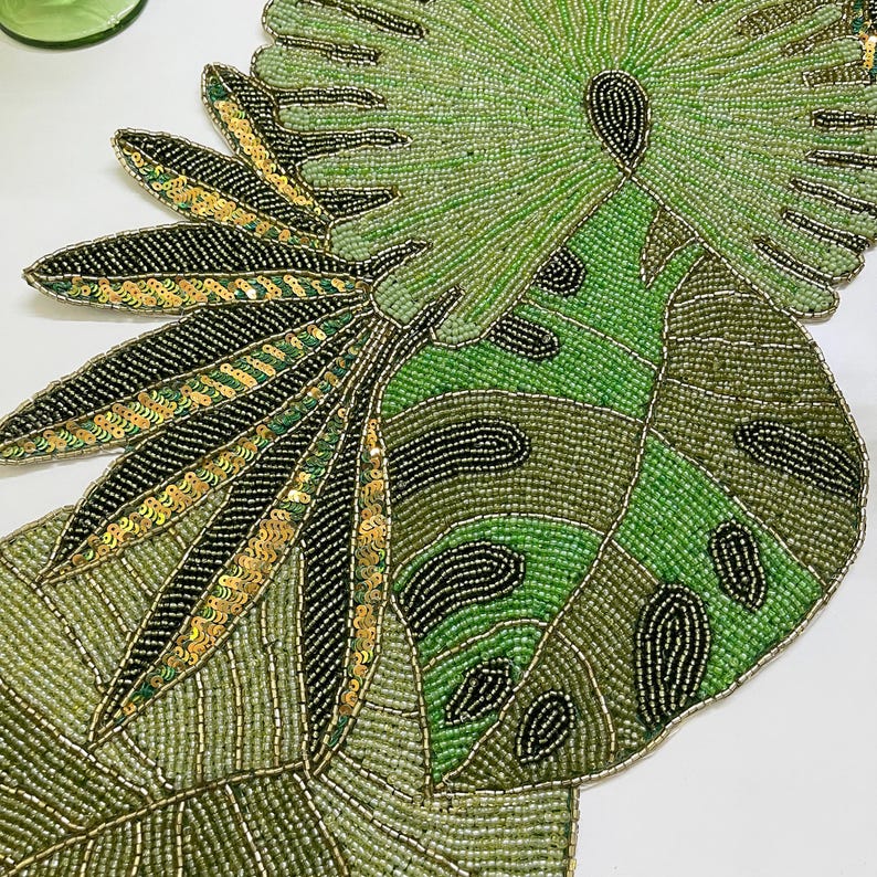 Handmade Beaded Leaf Table Runner: Multicolour Sequin Decor (13x36 Inch ...