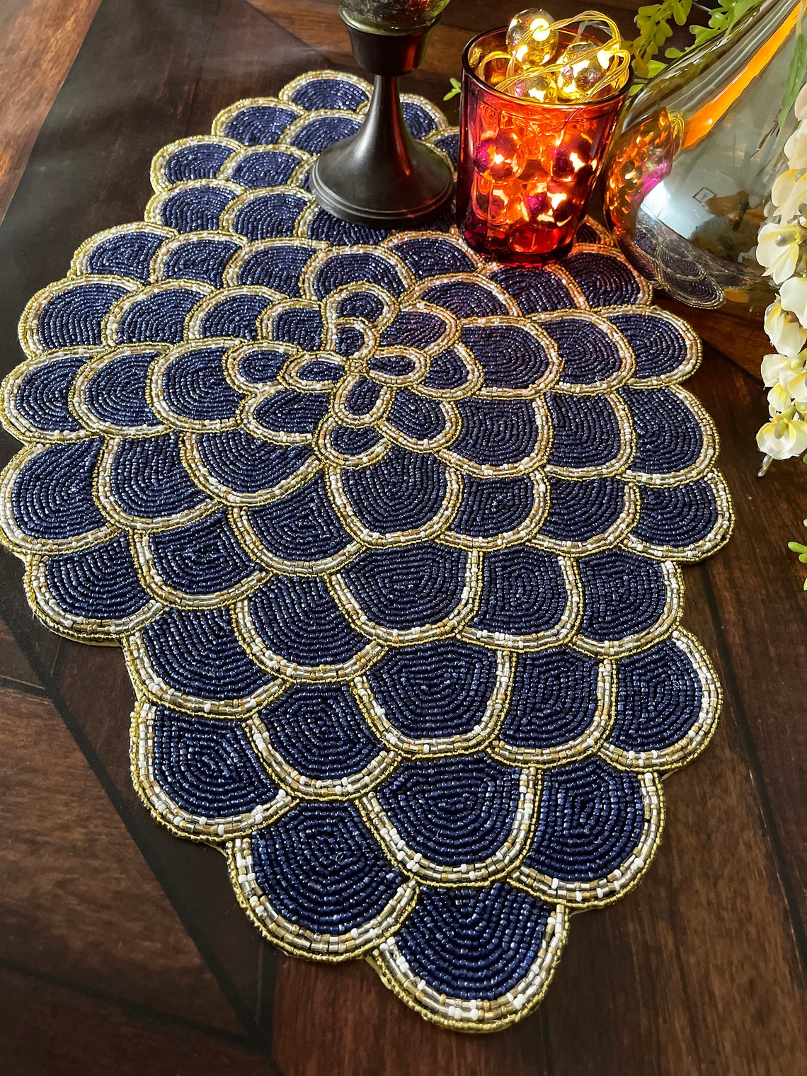 Handmade XL placemat beaded table runner oval Navy blue Etsy