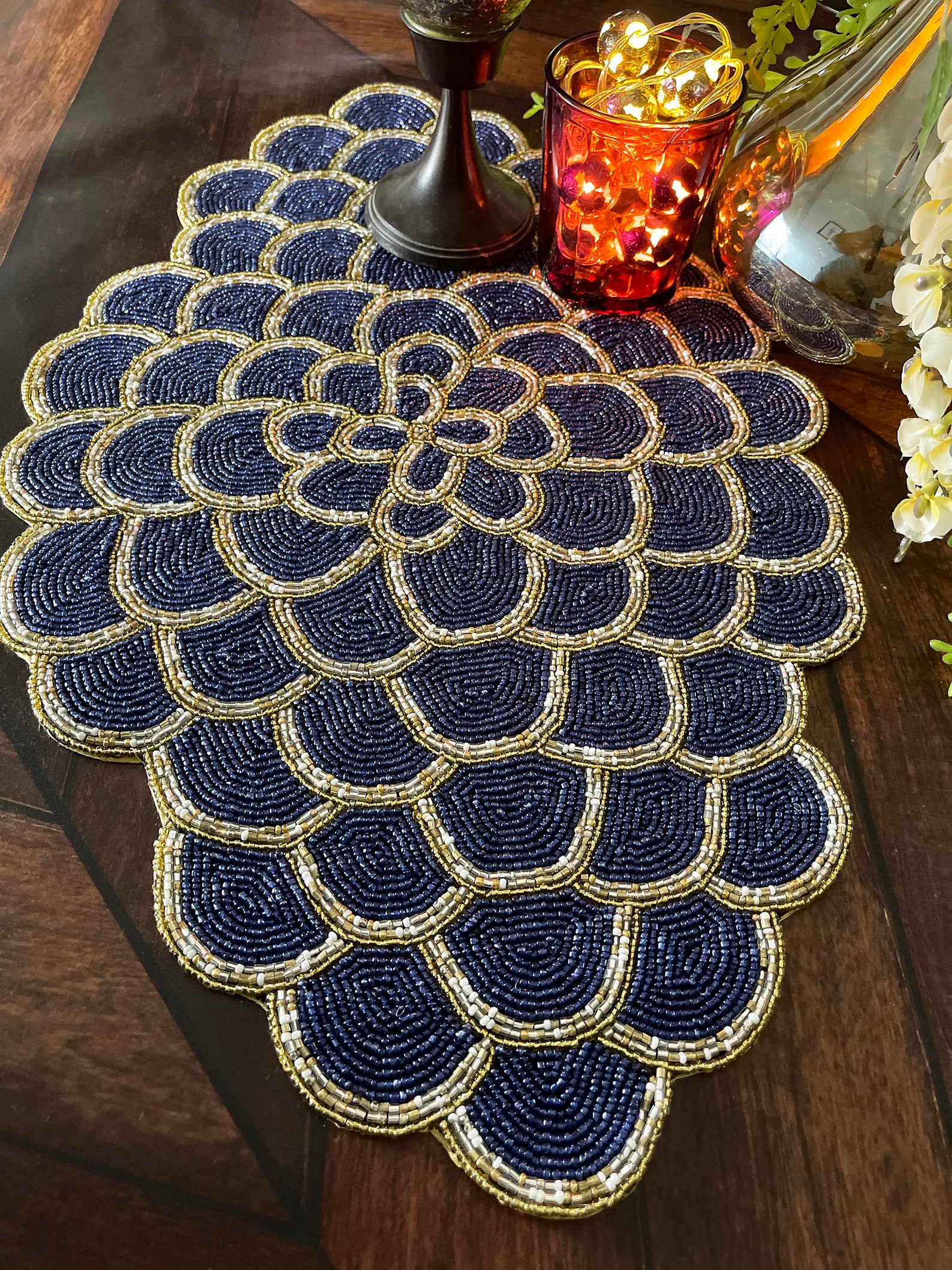 Handmade XL Placemat Beaded Table Runner Oval Navy Blue Etsy