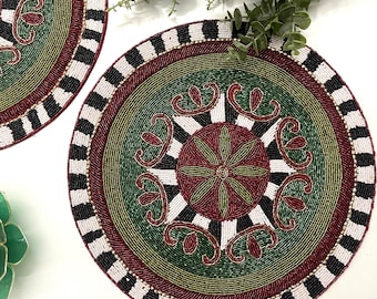 Set of 6, Handmade placemat, beaded round table placemat, 14 inch
