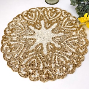 Handmade beaded placemat, Cream-white with gold, bead charger, tablemat