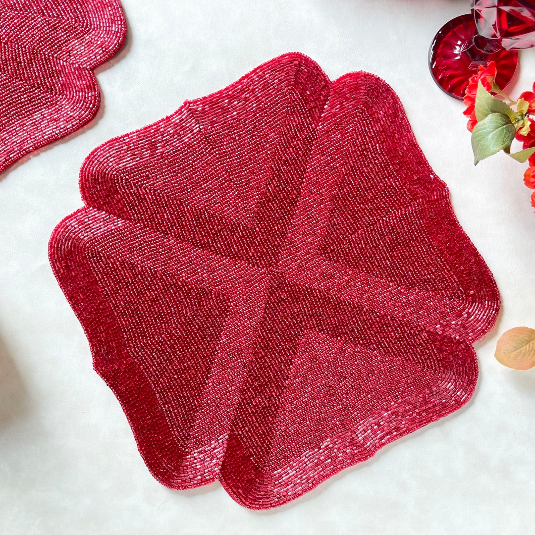 Handmade Beaded Burgundy Red Table Mat, Charger Plate, Gift for Her