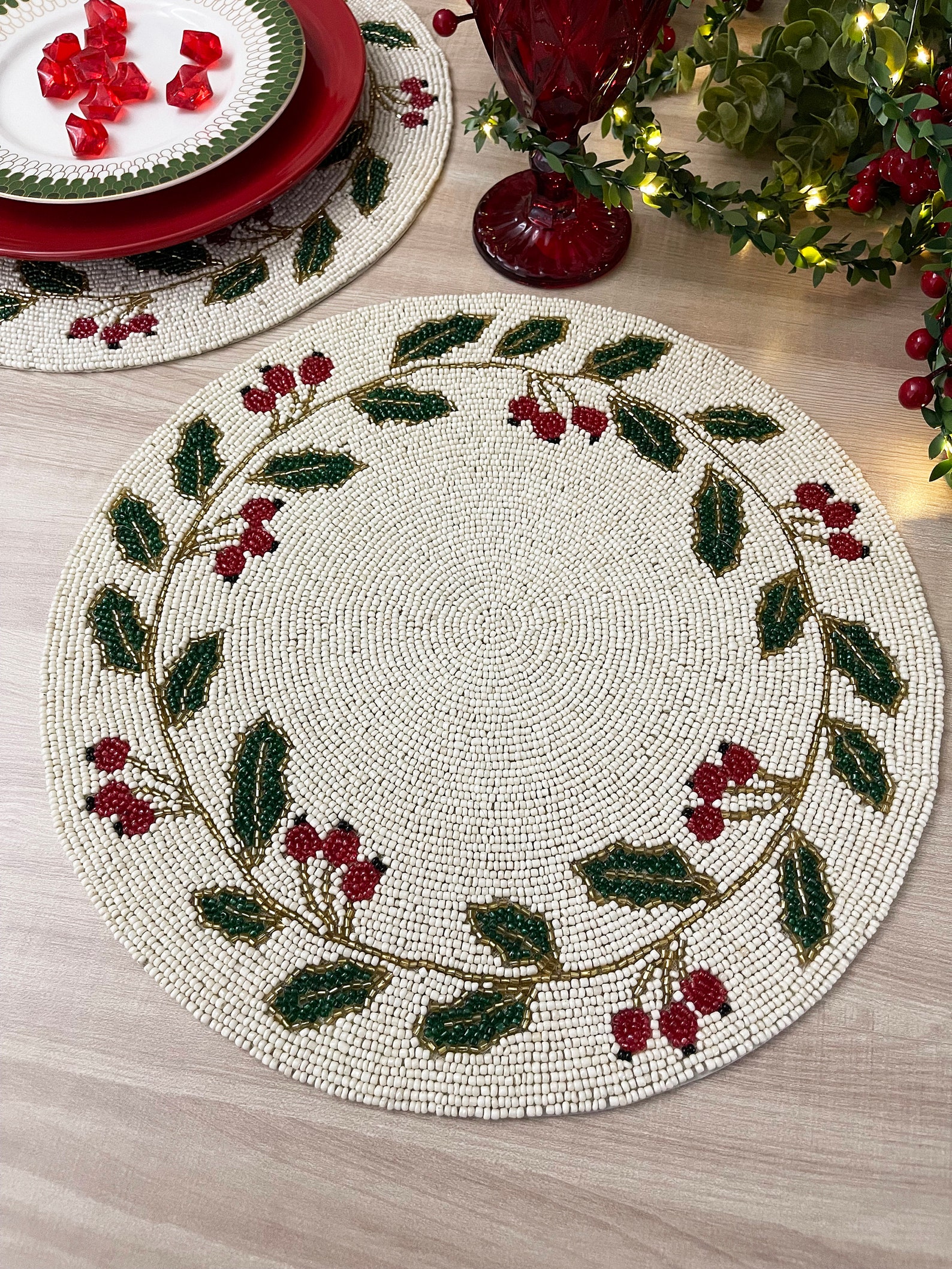 Christmas Special Beaded Placemat 14 Inch Gifts Holly Berry - Etsy