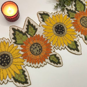 Handmade beaded spring table runner, floral sunflower, 13x36inch, Spring decor