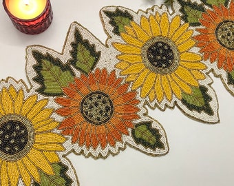 Handmade beaded spring table runner, floral sunflower, 13x36inch, Spring decor