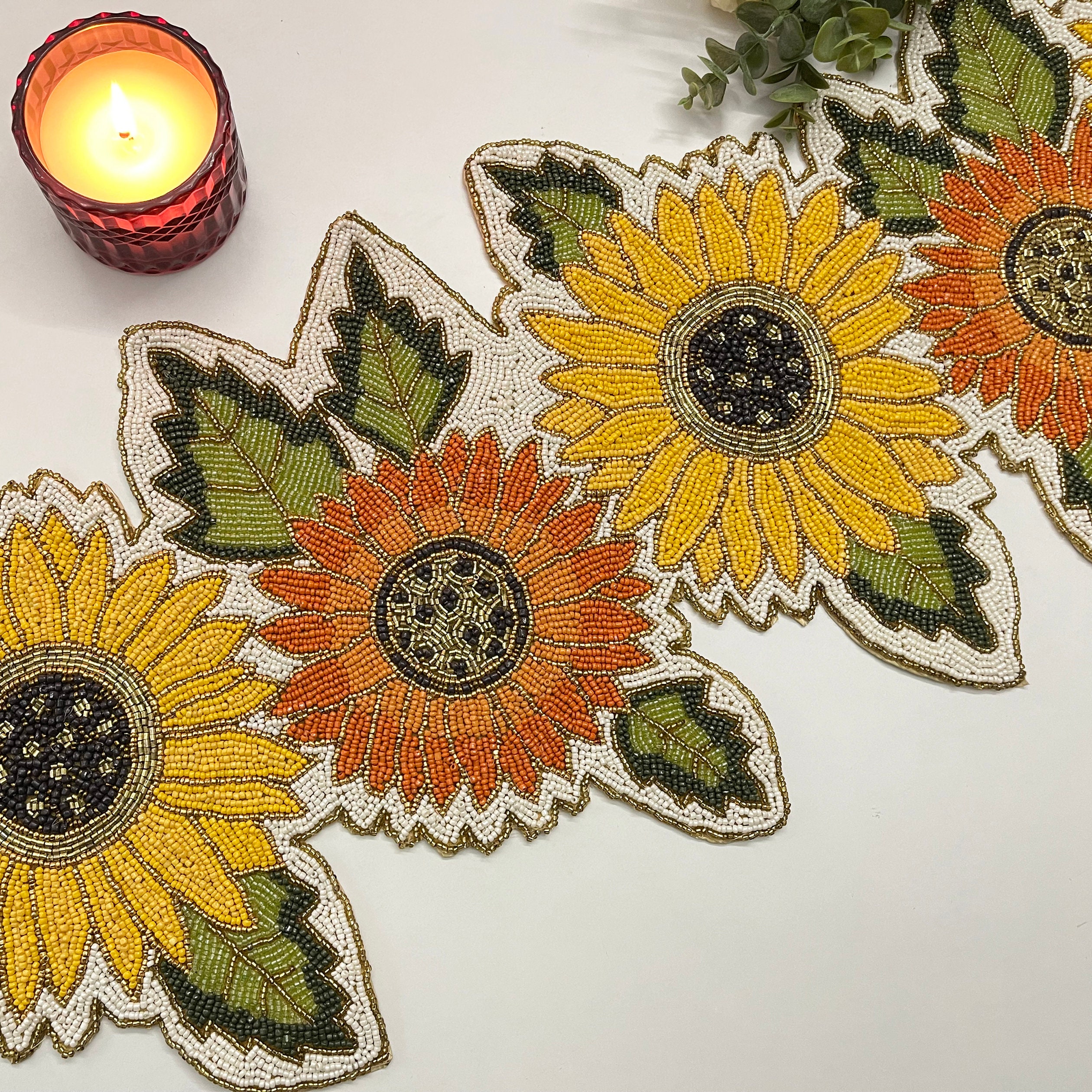 Handmade beaded spring table runner, floral sunflower, 13x36inch, Spring decor