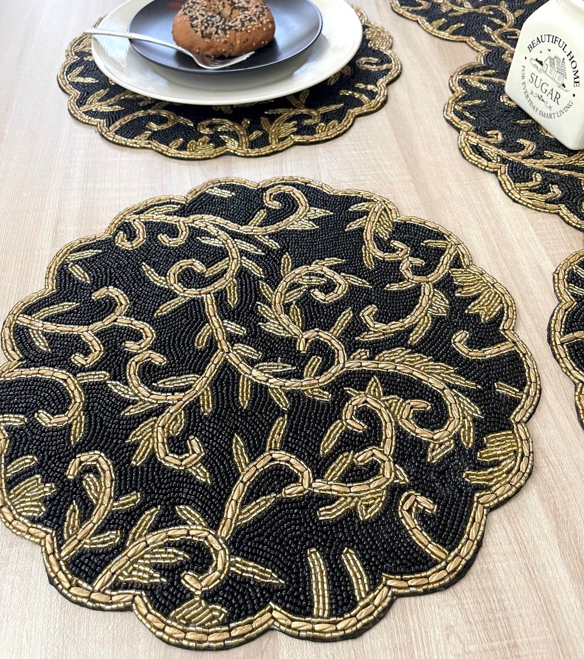 Handmade beaded placemat beaded tablemat 14 inch black gold | Etsy