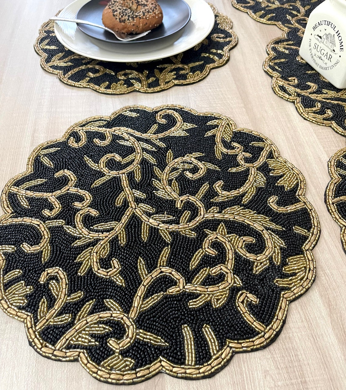 Handmade beaded placemat beaded tablemat 14 inch black gold Etsy