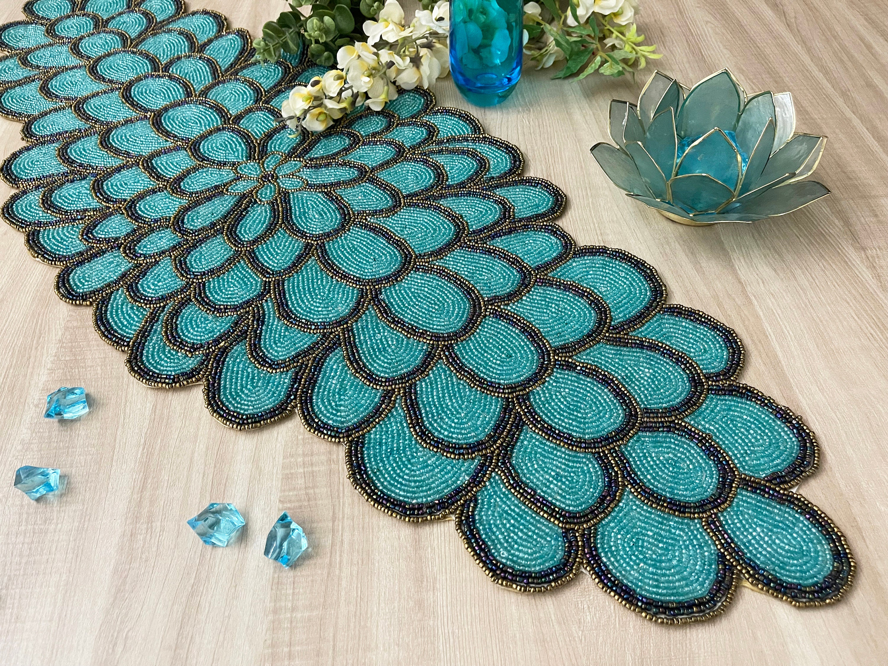 Handmade Bead Table Runner, Teal Peacock Floral Beaded Runner ...