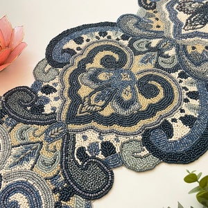 Handmade luxury table runner, blue grey centerpiece, 13x36inch