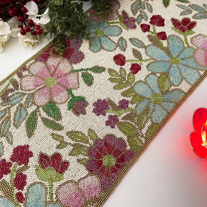 Table Runner Spring Style Floral Spring Table Runner, Handmade Beaded, 13x36inch, Multicolour - Etsy