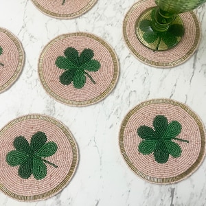 Set of 6 coasters, Clover Leaf / Shamrock beaded drink coasters, gift for her