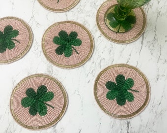 Set of 6 coasters, Clover Leaf / Shamrock beaded drink coasters, gift for her