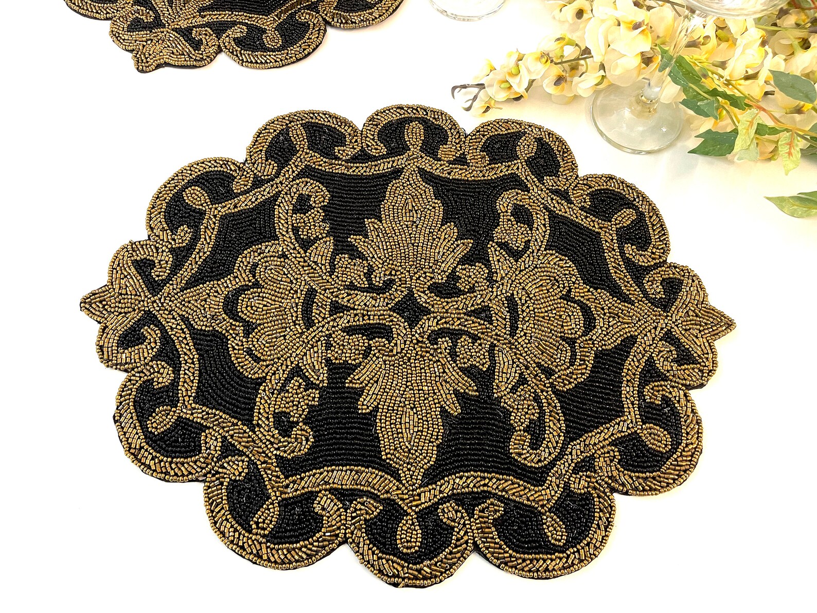 Handmade Beaded Placemat Black and Gold Bead Charger Etsy UK