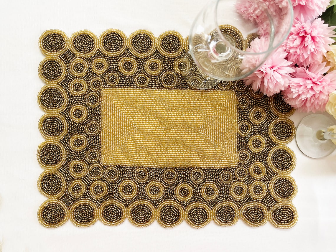 Handmade beaded placemat set of 2 beaded tablemat gold Etsy
