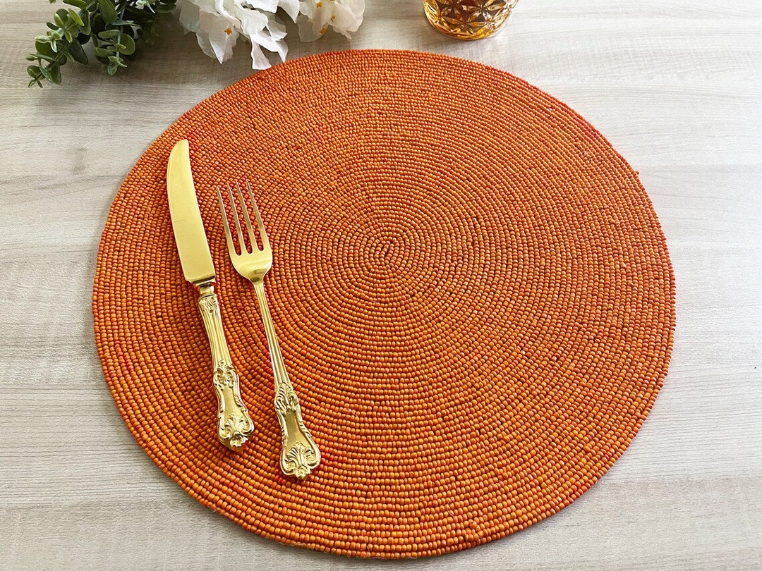 Set of 6, Handmade Beaded Placemat, Beaded Table Mat, Bright Orange