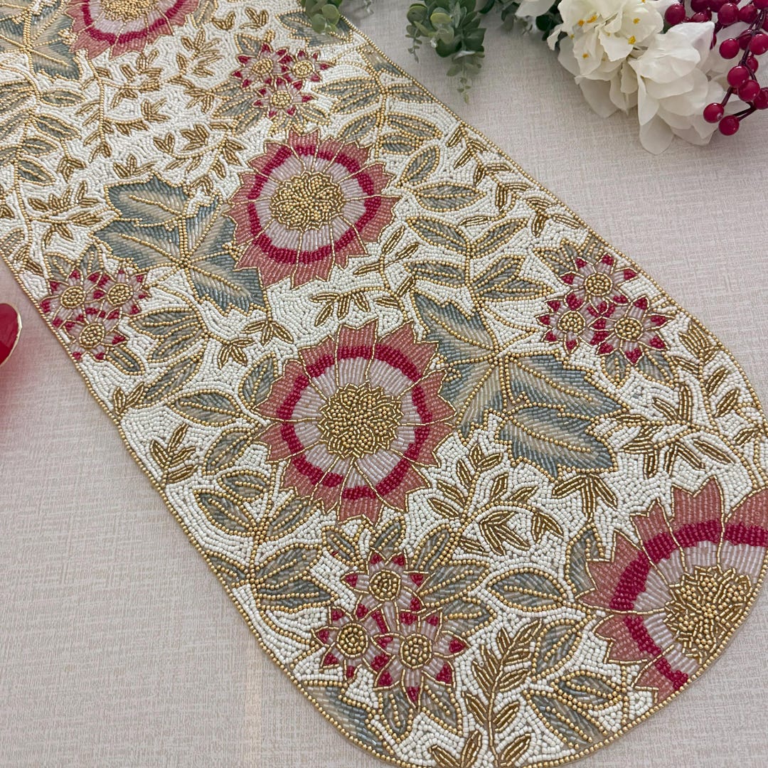Handmade Beaded Table Runner: Spring Floral Design, 13x36 Inch - Etsy
