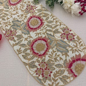 Handmade table runner, beaded table runner, spring floral bead runner, 13x36 inch