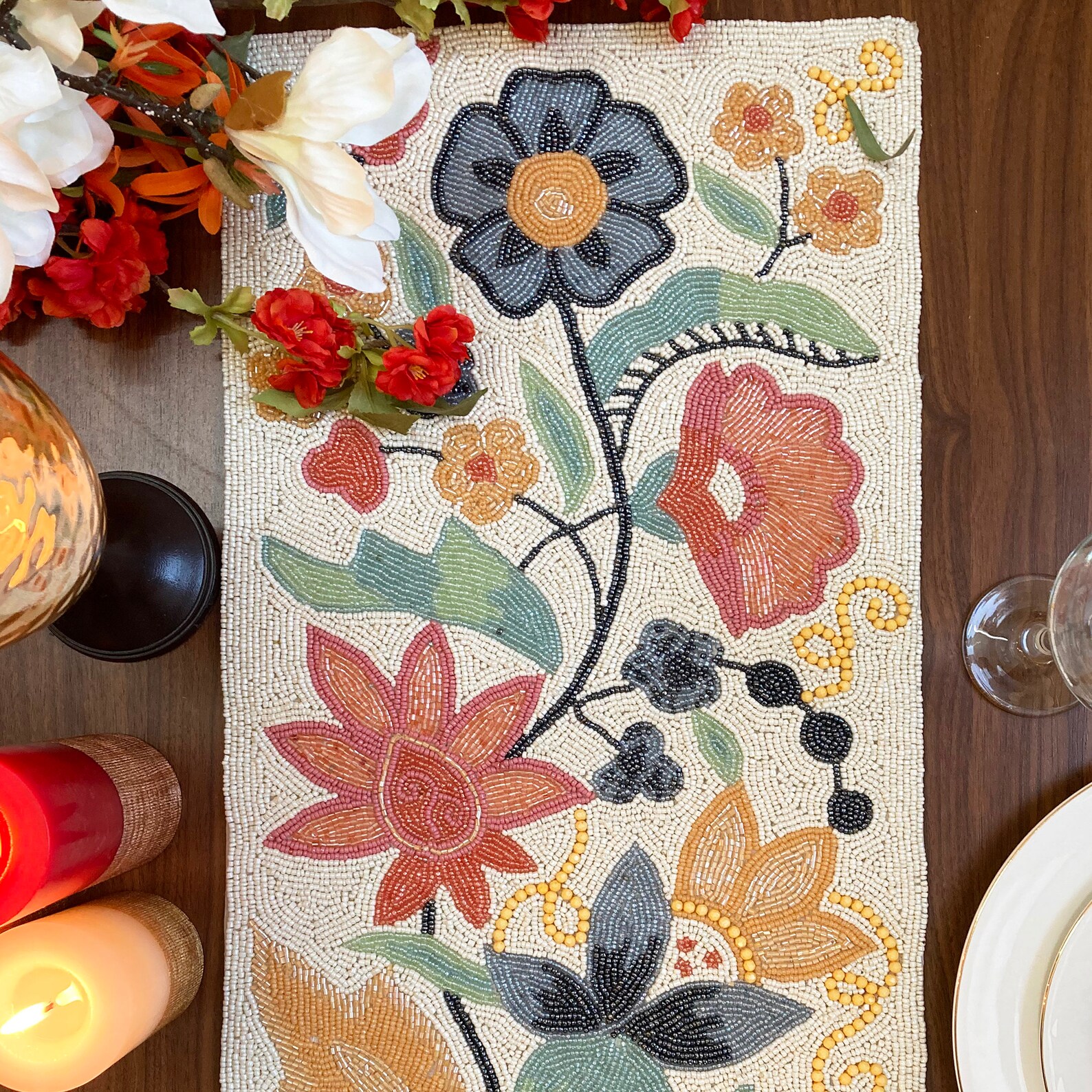 Handmade Beaded Table Runner: Spring Floral Design (13x36 Inch) - Etsy