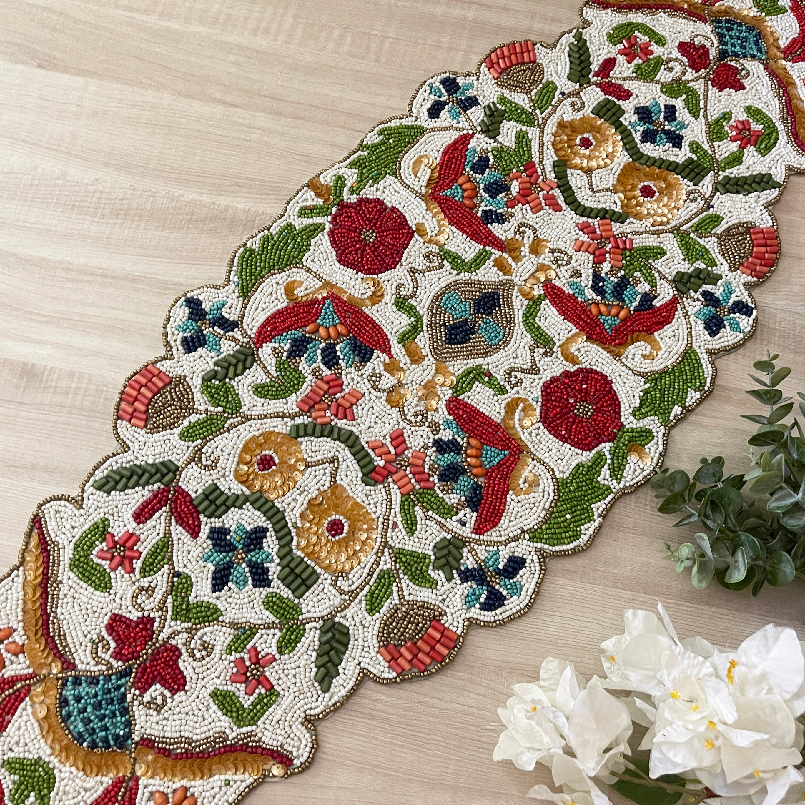 Handmade Beaded Floral Table Runner: Multicolour Spring Design (13x36 ...