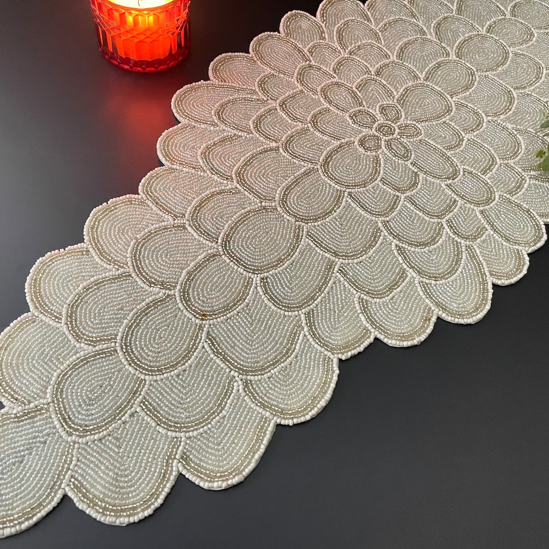 Handmade Bead Table Runner, Floral Beaded Runner, Silver and White