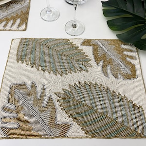 Handmade beaded placemat, set of 2, beaded tablemat, leaf designs