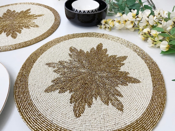 floral charger placemat  14 inch Handmade beaded tablemat