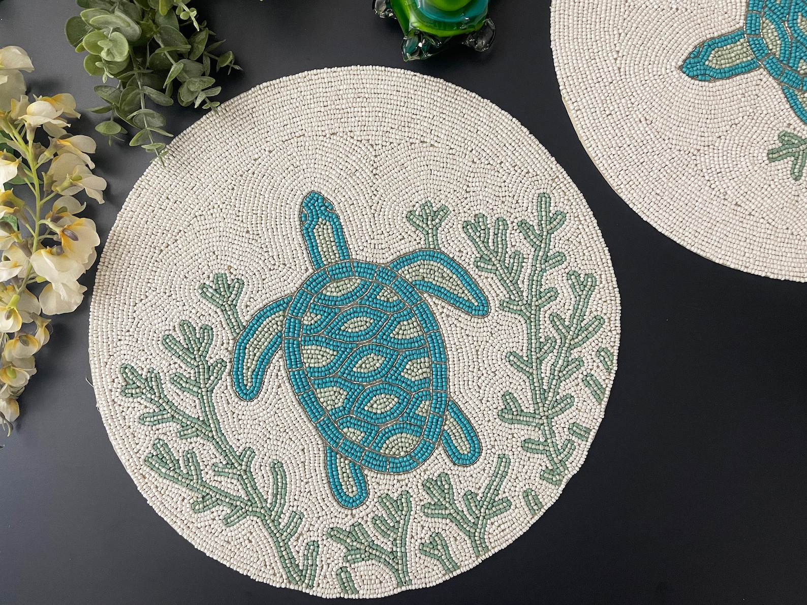 Handmade Beaded Placemat Turtles Design Tablemat 14 Inch Etsy