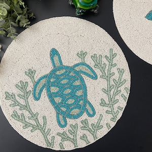 Handmade Beaded Turtle Placemat: Aqua Blue Beach Decor (14 inch)