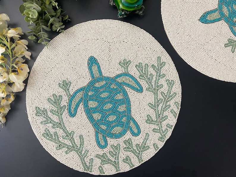 Handmade Beaded Placemat Turtles Design Tablemat 14 Inch Etsy