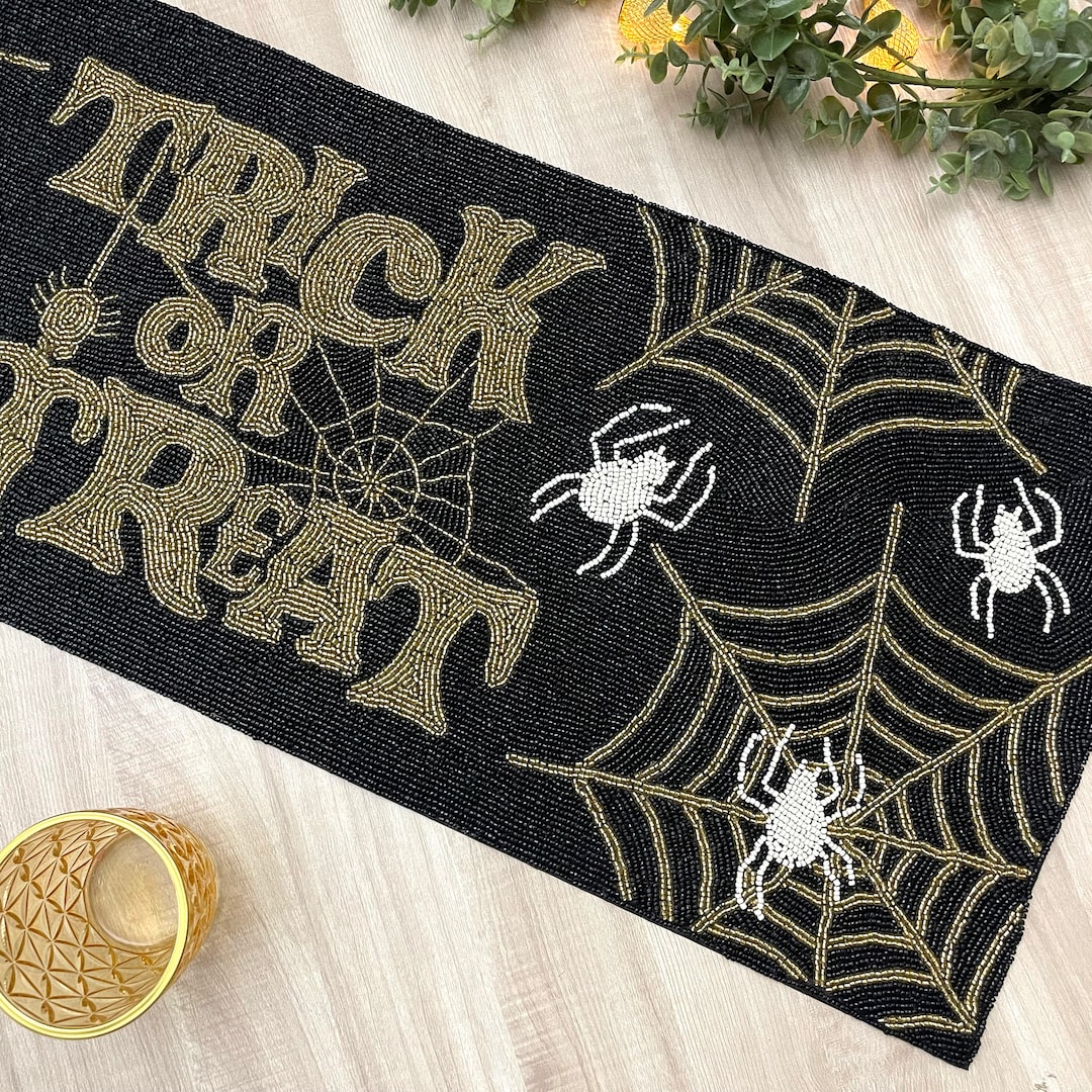 Handmade Bead Table Runner, Halloween Trick or Treat, Black, Gold and