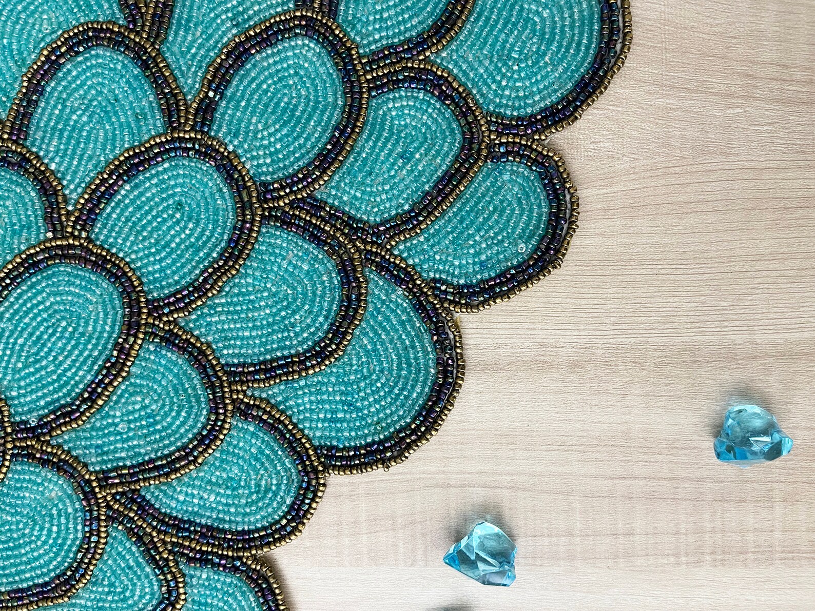 Handmade Bead Table Runner, Teal Peacock Floral Beaded Runner ...