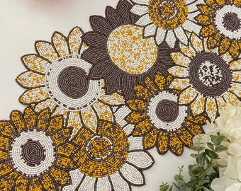 Handmade bead table runner, sunflower beaded runner, 13x24 inch