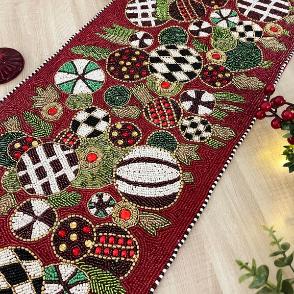 Handmade Christmas table runner, beaded runner, multi colour, 13x36inch