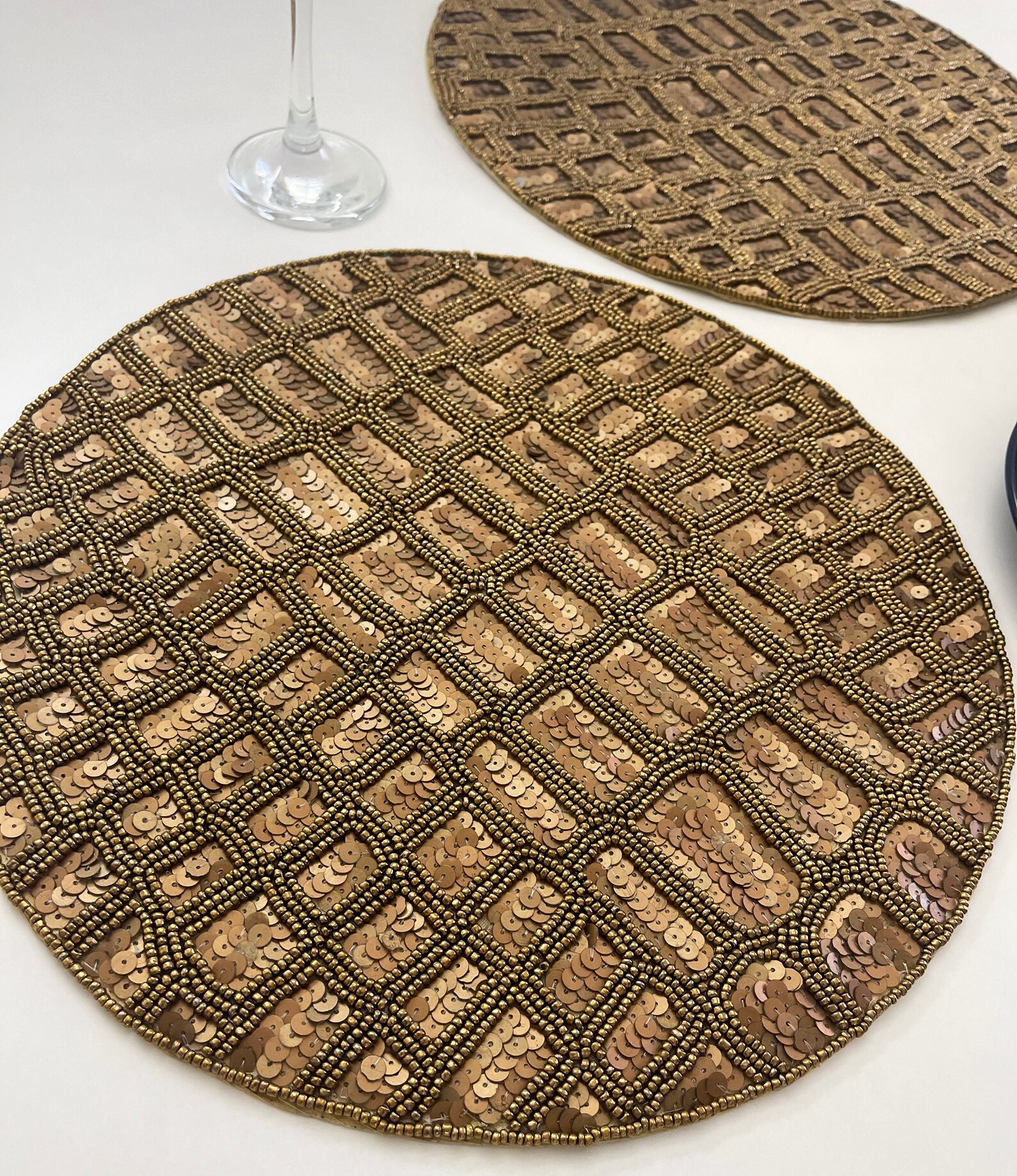 Handmade Beaded Sequin Placemat Tablemat 14 Inch Golden Etsy