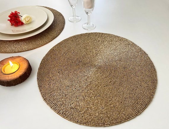 Handgemachter Perlen Tischset für Wohnzimmer, Tischdekoration, Esszimmer Tischset, gold