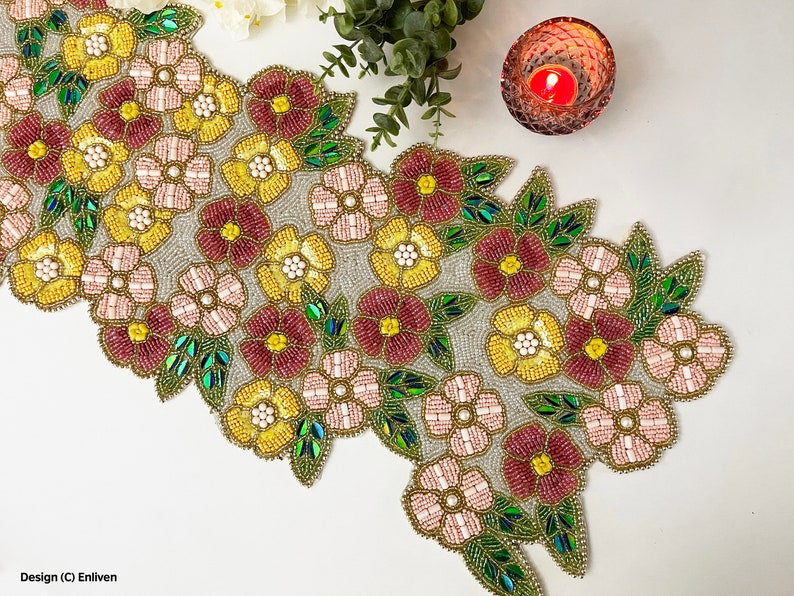 Handmade Beaded Spring Table Runner Colour Flowers Bed Etsy