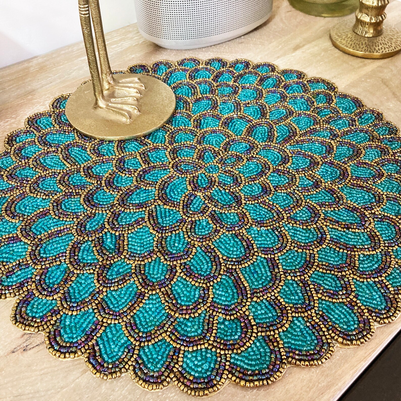 Handmade design beaded placemat tablemats green bead charger Etsy