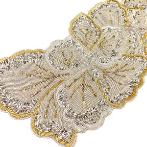 Handmade bead table runner, beaded runner, butterfly, Silver and Gold, 13x36inch