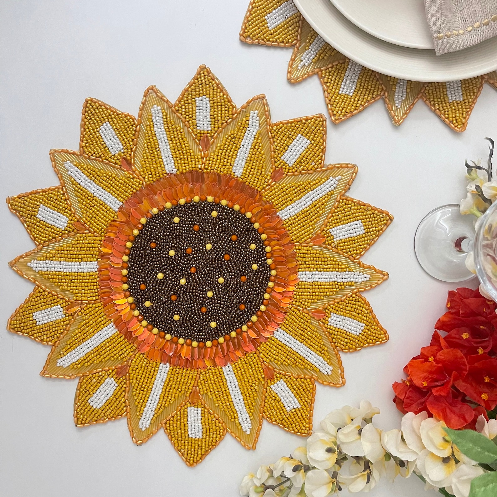 Handmade Beaded Placemat Sunflower Tablemat 14 Inch Charger Etsy