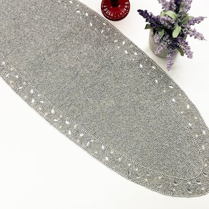 Handmade bead Christmas table runner, floral beaded runner, silver, 13x35inch