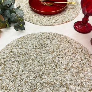 Luxury beaded handmade placemat, decorative centrepiece, white and gold beads
