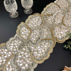 Handmade Bead Table Runner, Beaded Runner, Butterfly, Silver and Gold ...
