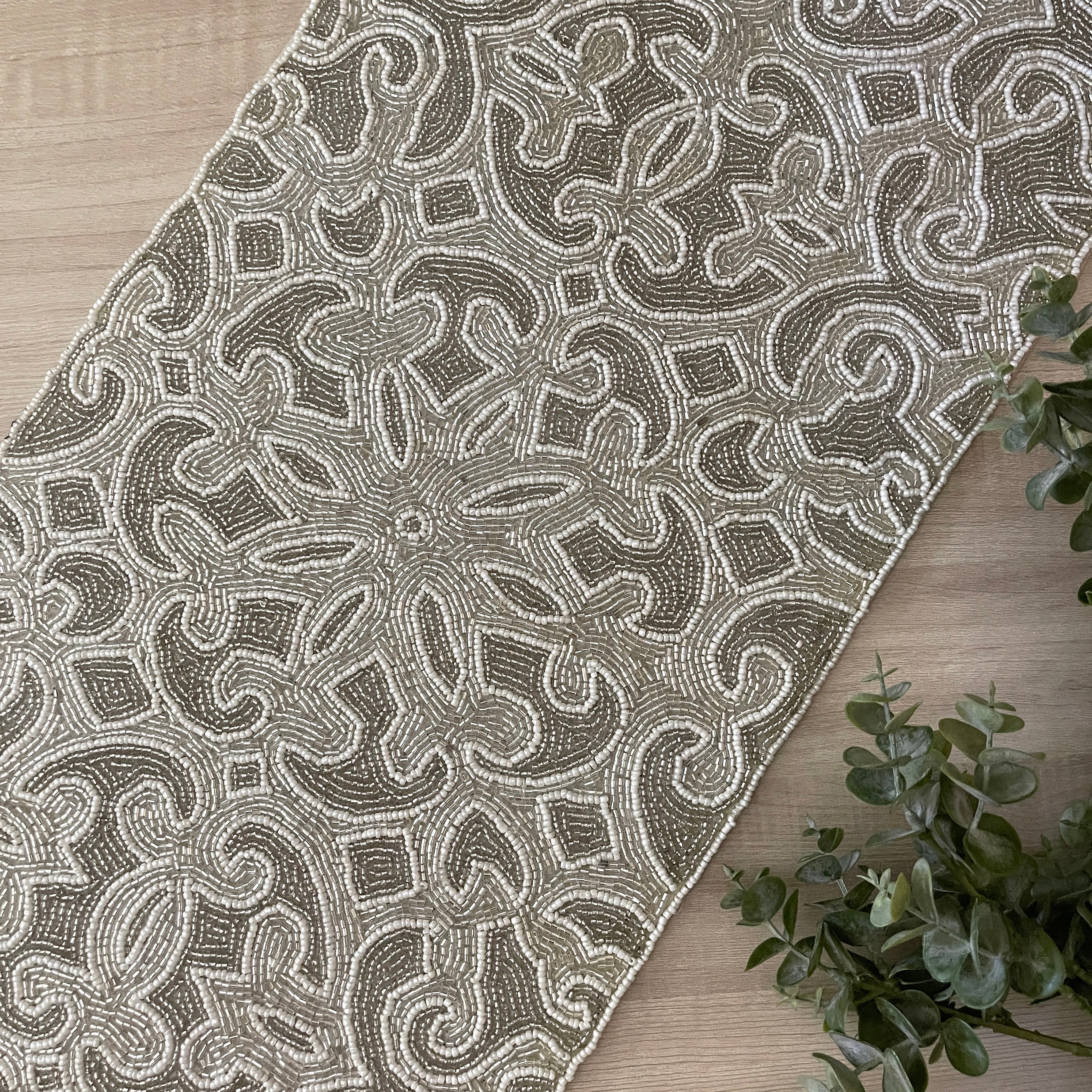 Handmade Bead Table Runner, Beaded Runner, Silver and White, 13x36inch ...