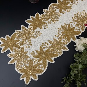 Christmas Handmade Beaded Table Runner, Gold Poinsettia, 13x36 Inch - Etsy